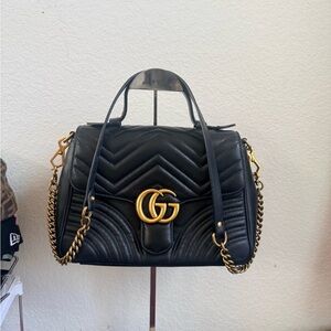 Gucci GG Marmont Medium Matelasse Top Handle Bag, Black Leather Chevron GHW wCoA